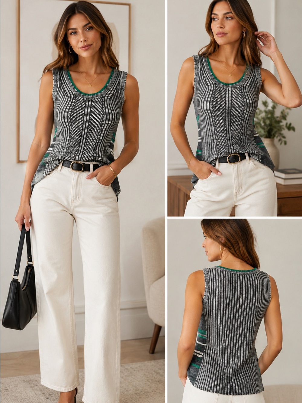CAbi Gray Green Textured Sleeveless Sweater Vest High Low Hem XS